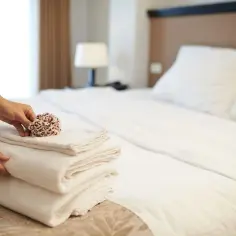 Dłonie układają czyste ręczniki z ozdobnym kwiatkiem na łóżku w pokoju hotelowym. Hotel Olimpia Wrocław dba o każdy detal.