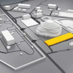 Mapa Wrocławia z zaznaczoną Halą Stulecia i żółtym prostokątem wskazującym parking.