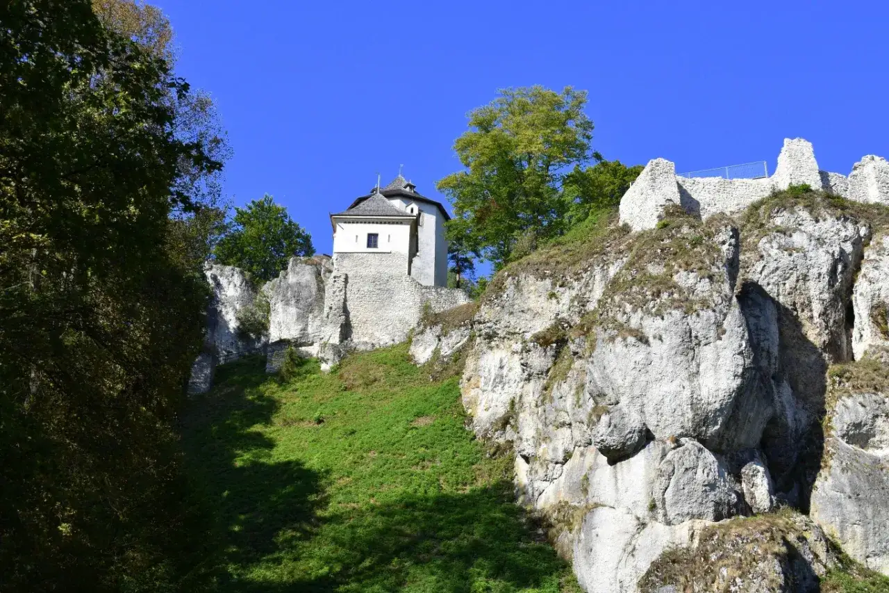 Zamek na skale, otoczony zielenią i wapiennymi formacjami. Te wapienne atrakcje zapraszają do odkrywania historii i piękna natury.
