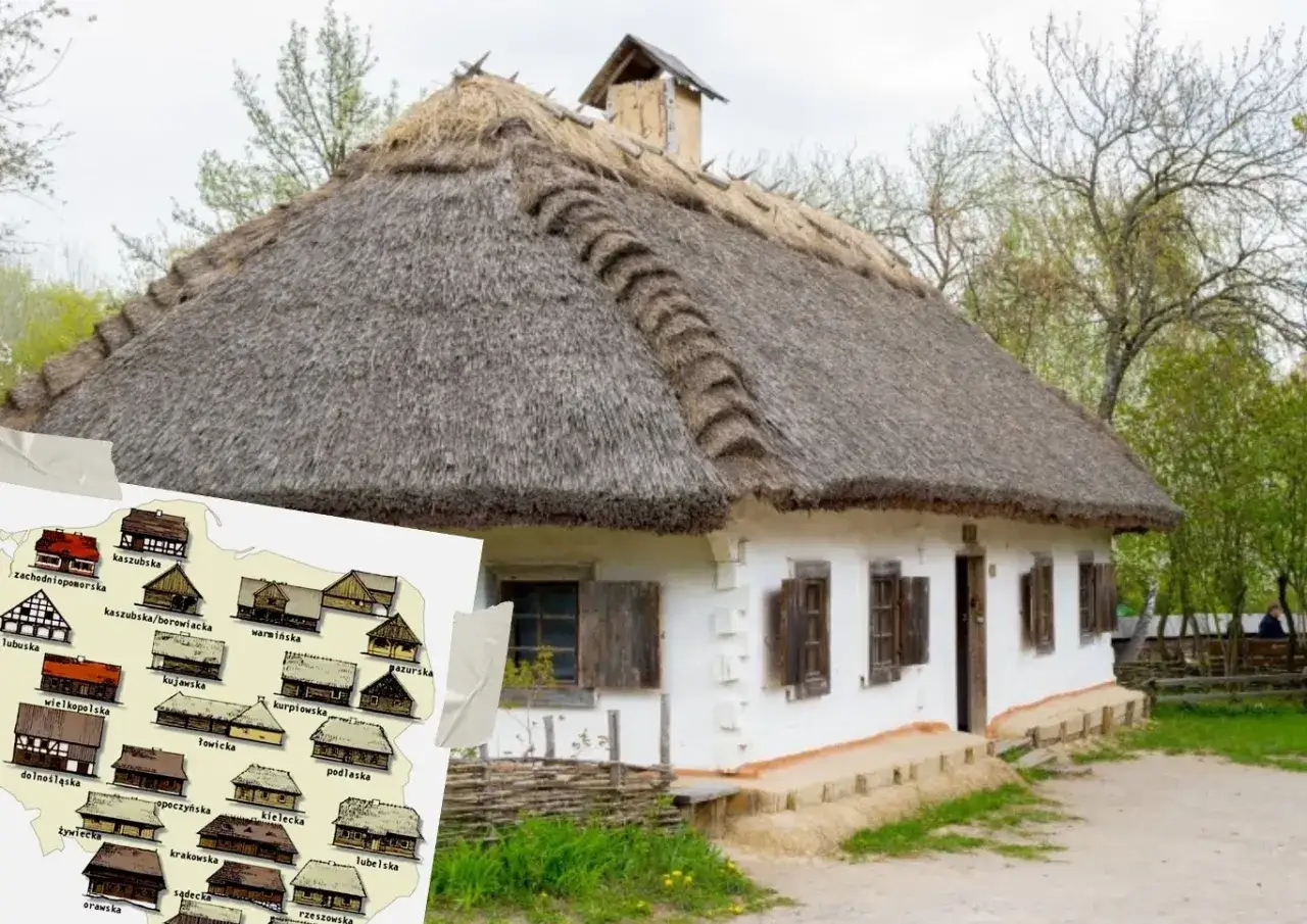 Tradycyjna, biała chata z krytym strzechą dachem, obok mapa z różnymi typami domów, w tym łebska chata.
