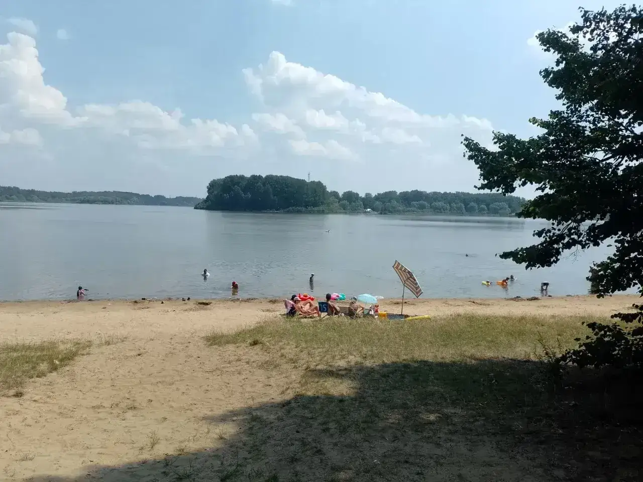 Słoneczny dzień nad jeziorem Przeczyckim. Ludzie odpoczywają na piaszczystej plaży i kąpią się w wodzie.