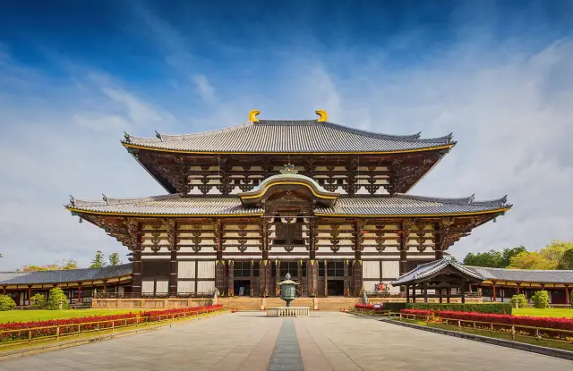 Majestatyczna japońska świątynia Todai-ji w Nara, z imponującym dachem i drewnianą konstrukcją, pod błękitnym niebem.